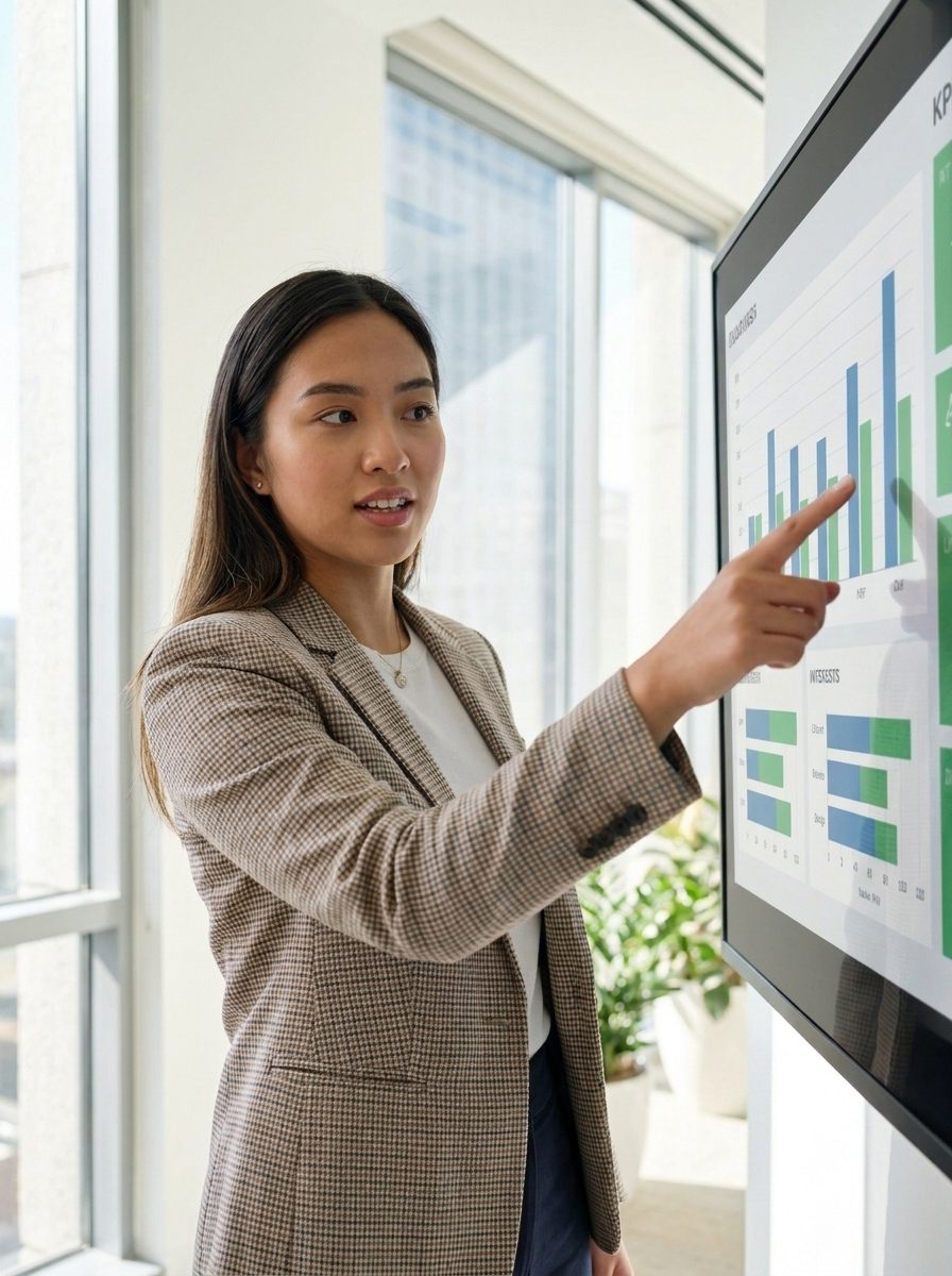 Analyst pointing at SAP Business One reports on a monitor