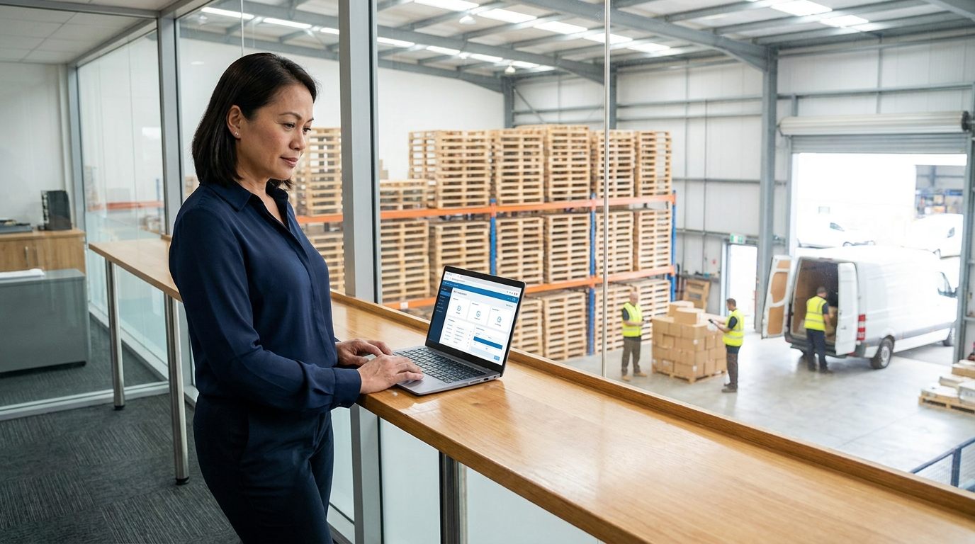 Warehouse manager reviewing SAP Business One on a laptop