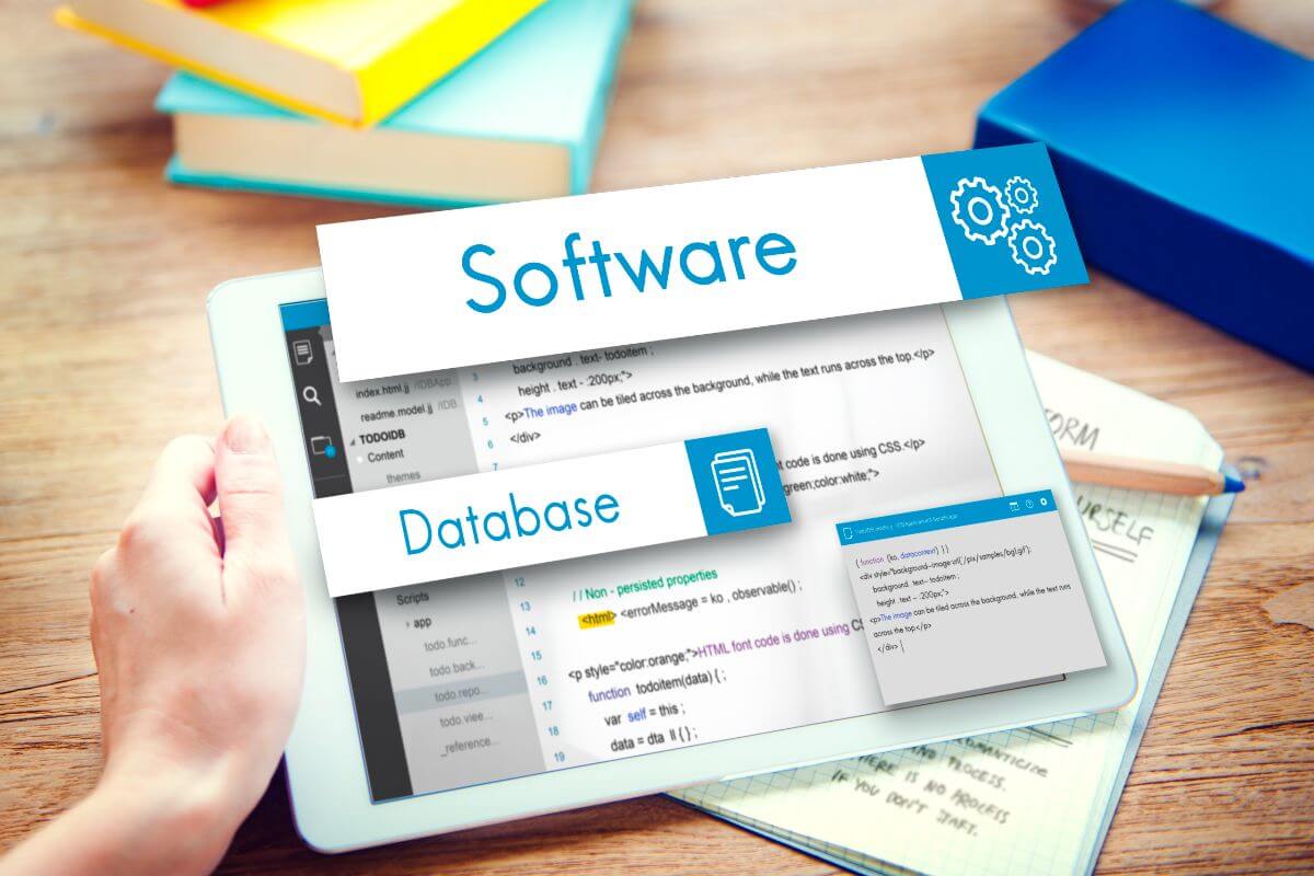 white tablet with software and data base written on surface